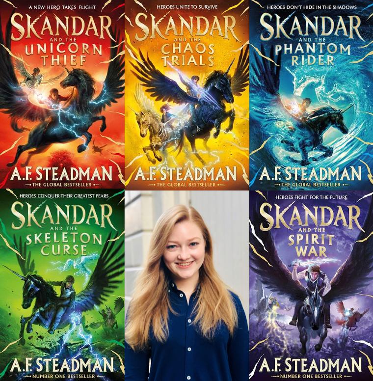 Headshot of A.F. Steadman surrounded by the covers of the books from the Skandar series 